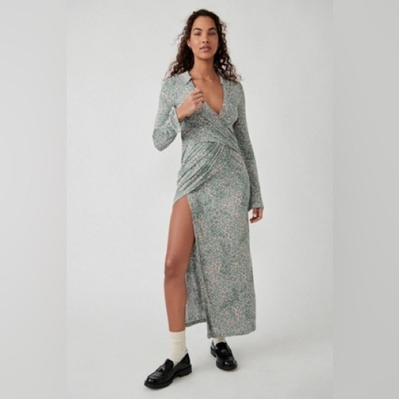 NWT Free People | Shayla Floral Faux Wrap Maxi Split Neck Dress Small Boho - Picture 1 of 16